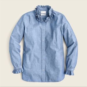 Classic fit ruffle neck chambray shirt